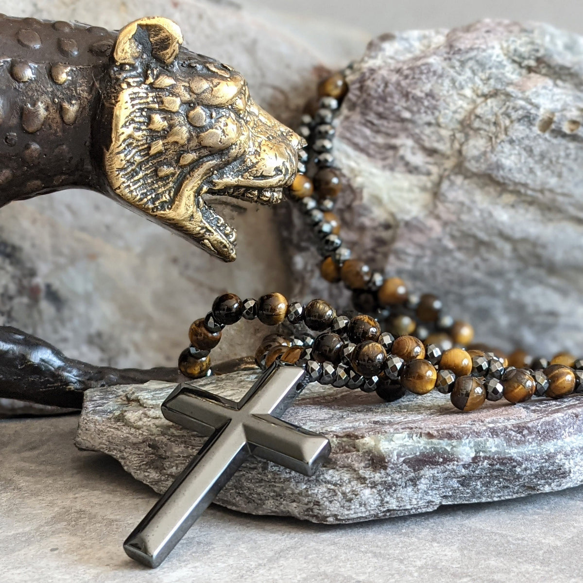 Corvaen - Tiger Eye and Lapis Lazuli Cross Rosary Necklace, Orion Collection