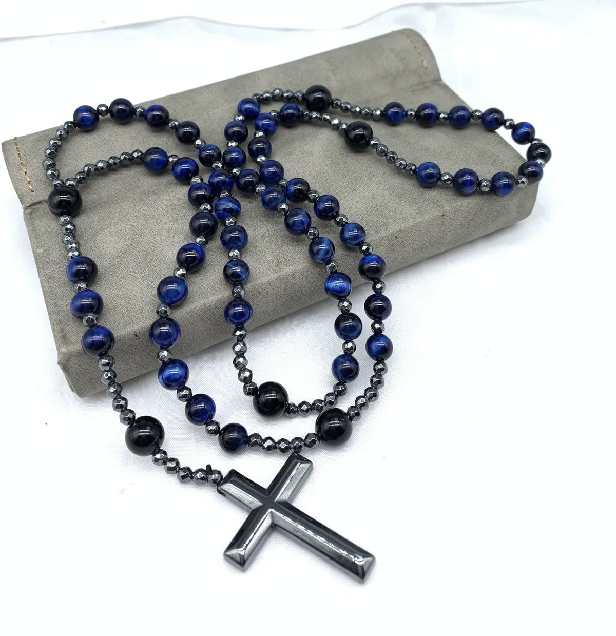 Corvaen - Tiger Eye and Lapis Lazuli Cross Rosary Necklace, Orion Collection