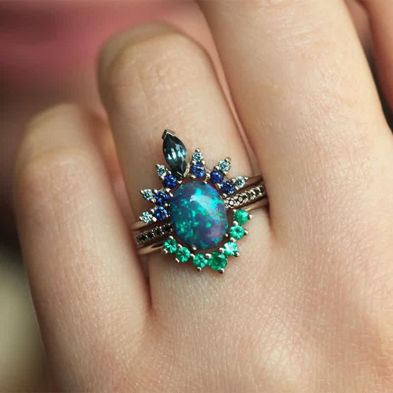 Isabella - Sapphire and Opal 3-Piece Ring Set