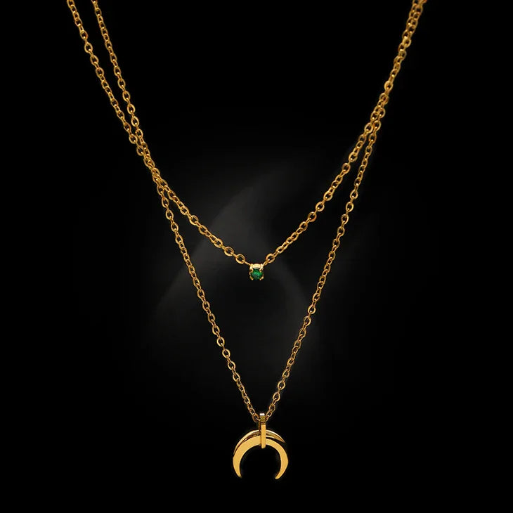 Selina Necklace - Green Diamond Double Crescent Moon Necklace
