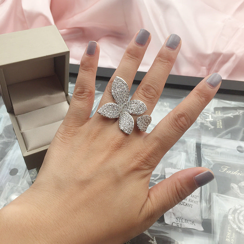 Oversized Silver Flower Petal Ring - Bold Zirconia Statement Ring