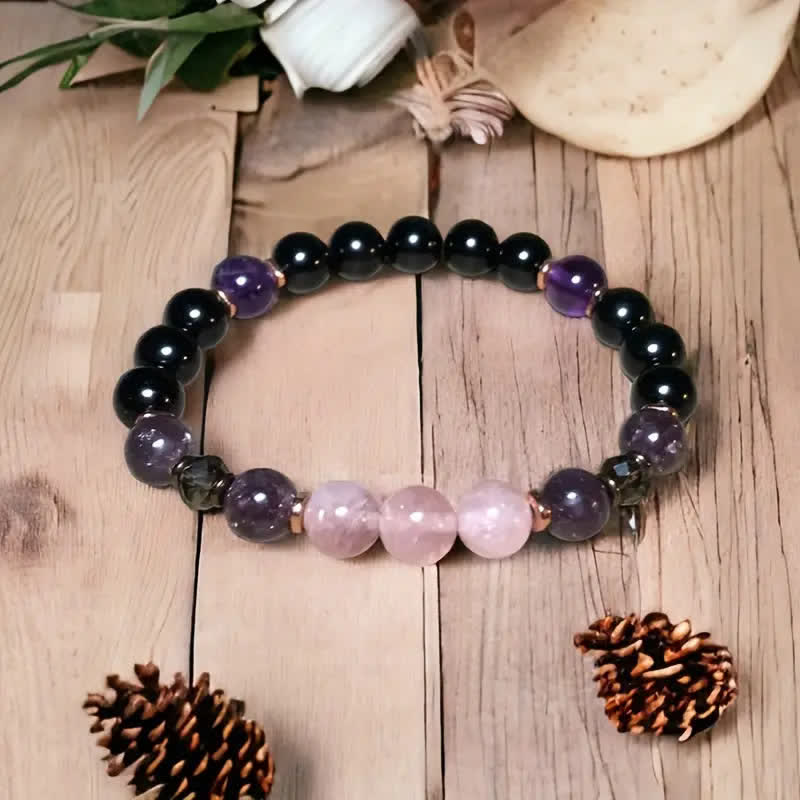 Adalore - 8mm Rose Quartz, Obsidian & Amethyst Beaded Bracelet