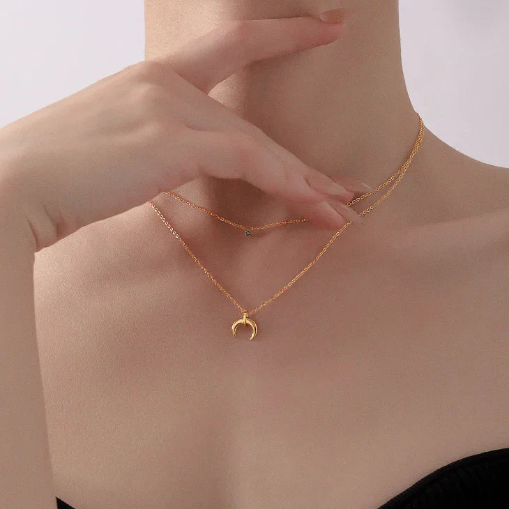 Selina Necklace - Green Diamond Double Crescent Moon Necklace