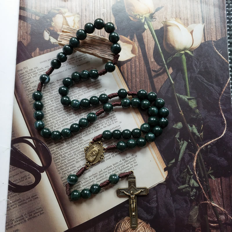 Chapelrose - Moss Agate Holy Medal Rosary Cross Necklace