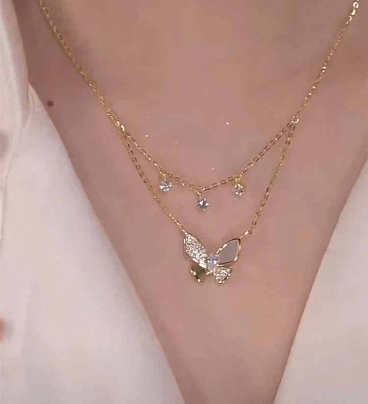 Elayna - Elegant Double-Layered Butterfly Necklace with Zirconia and Mother-of-Pearl