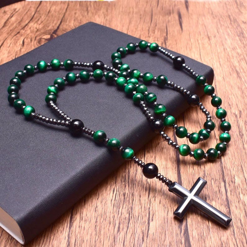 Corvaen - Tiger Eye and Lapis Lazuli Cross Rosary Necklace, Orion Collection