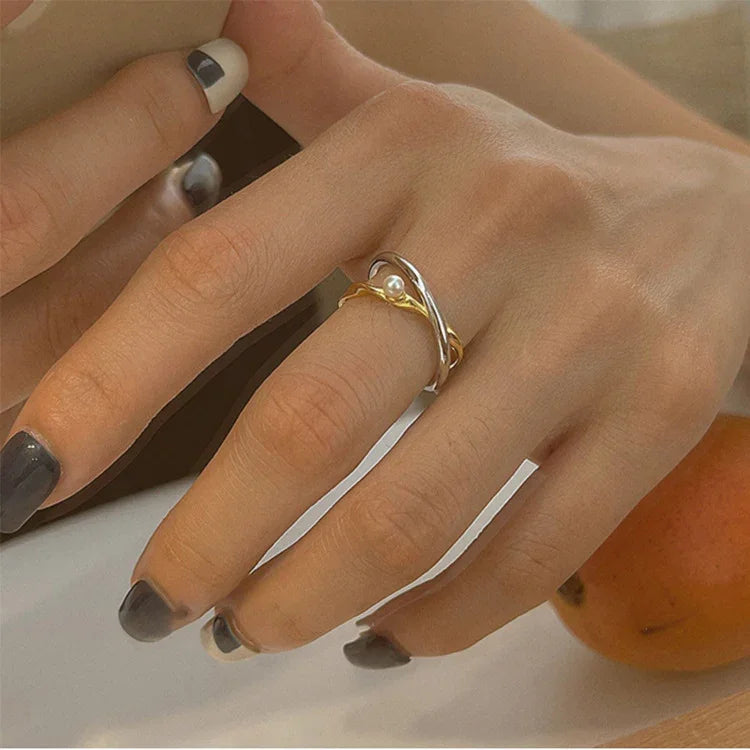 Curvessa - Sterling Silver Crossover Ring with Pearl Accent