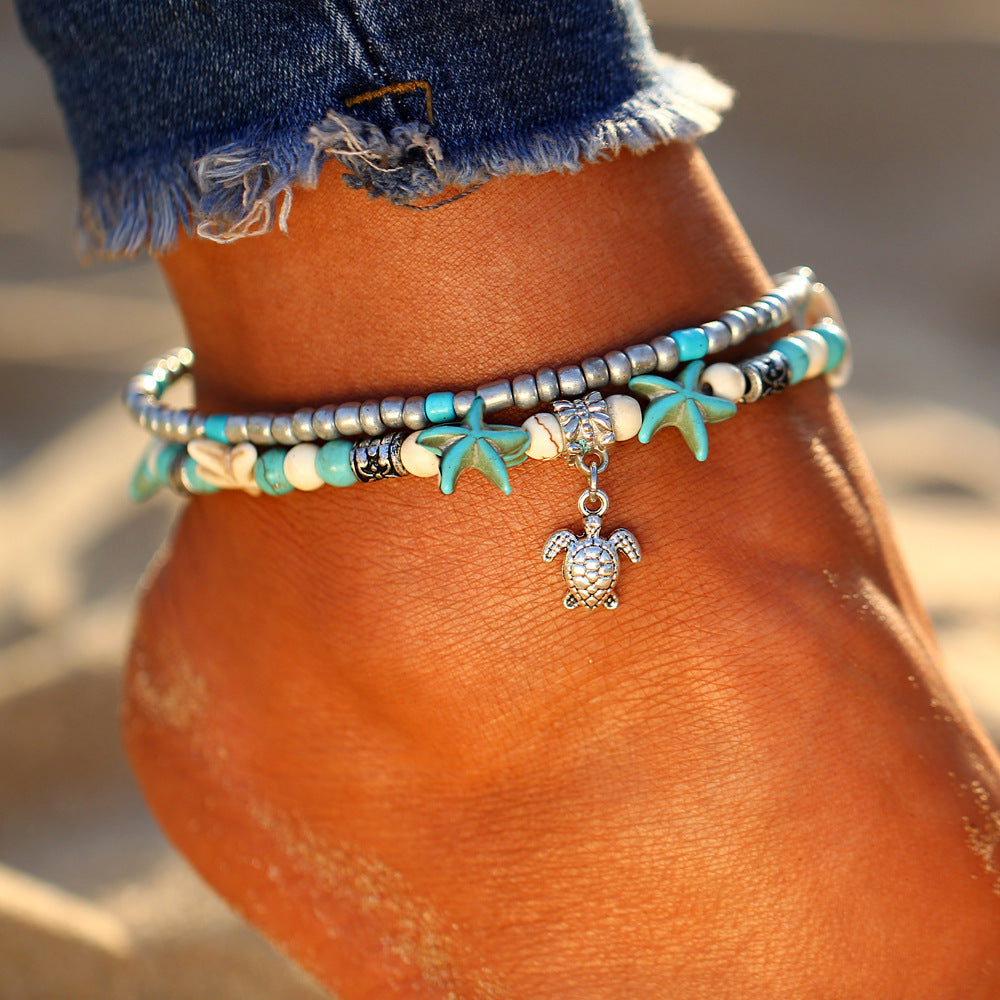 Calypso - Elegant Silver Turtle and Seashell Anklet