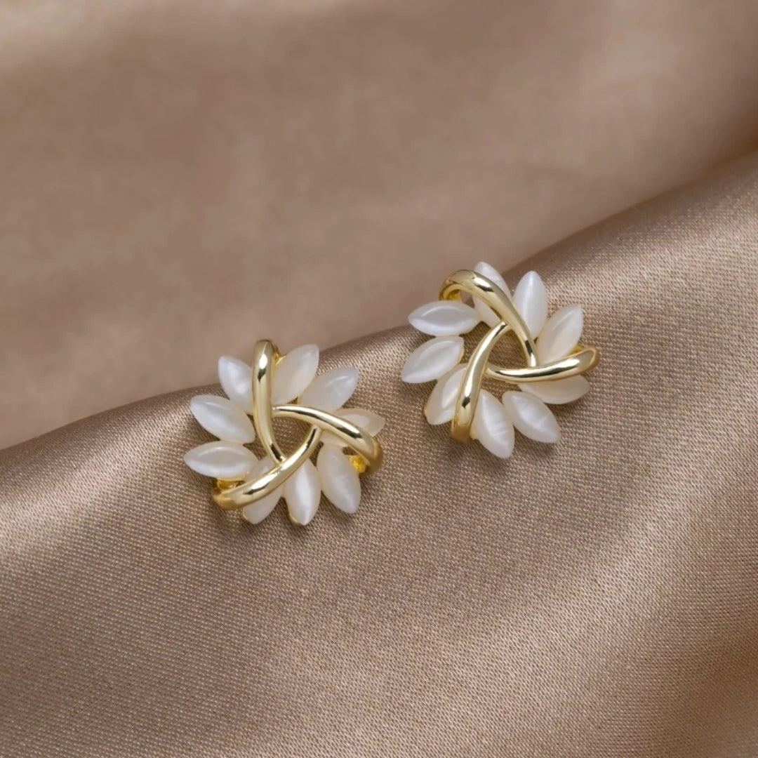 Delflora - Round Opal Flower Gold Stud Earrings