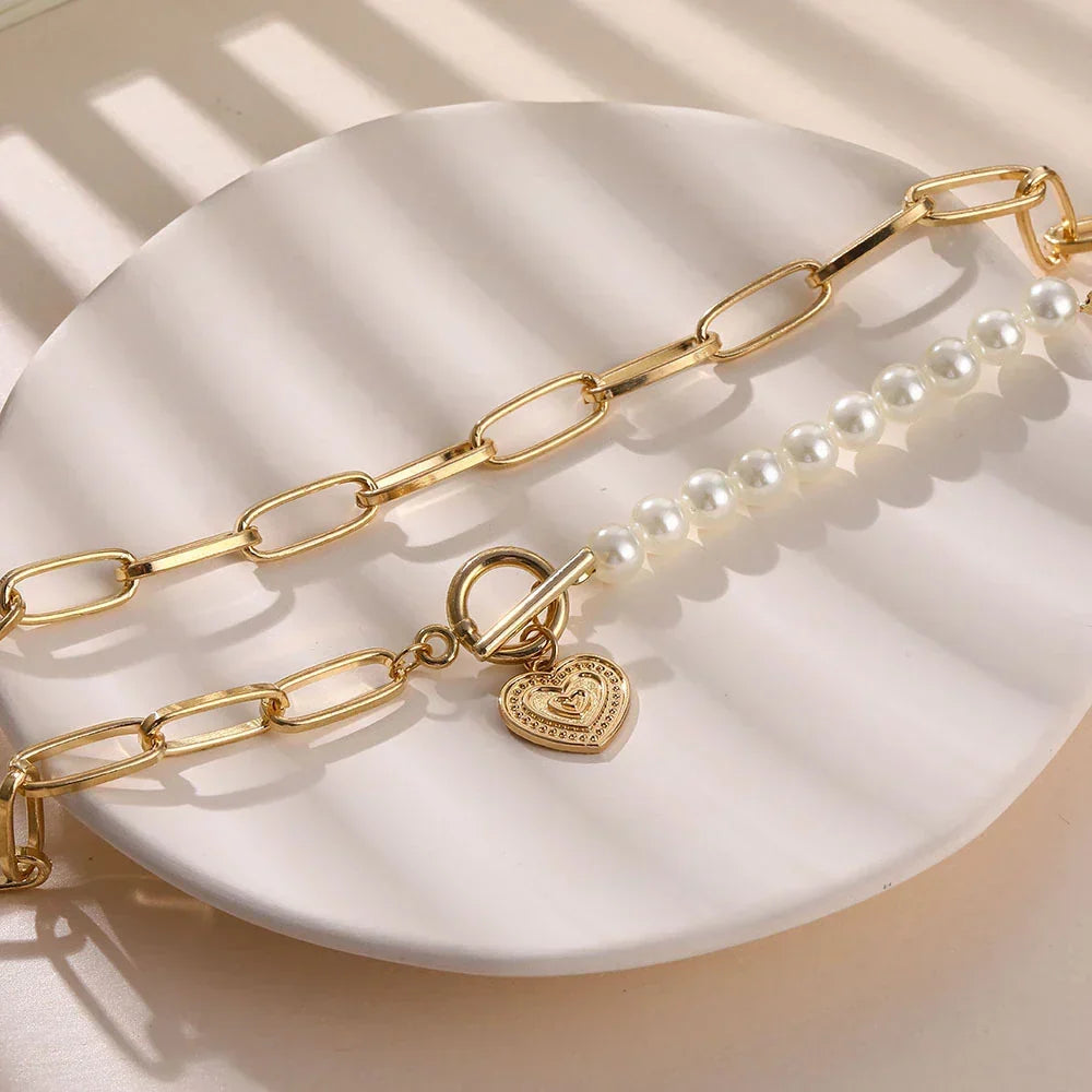 Gold Heart Necklace - Elegant Pearl Accent Pendant