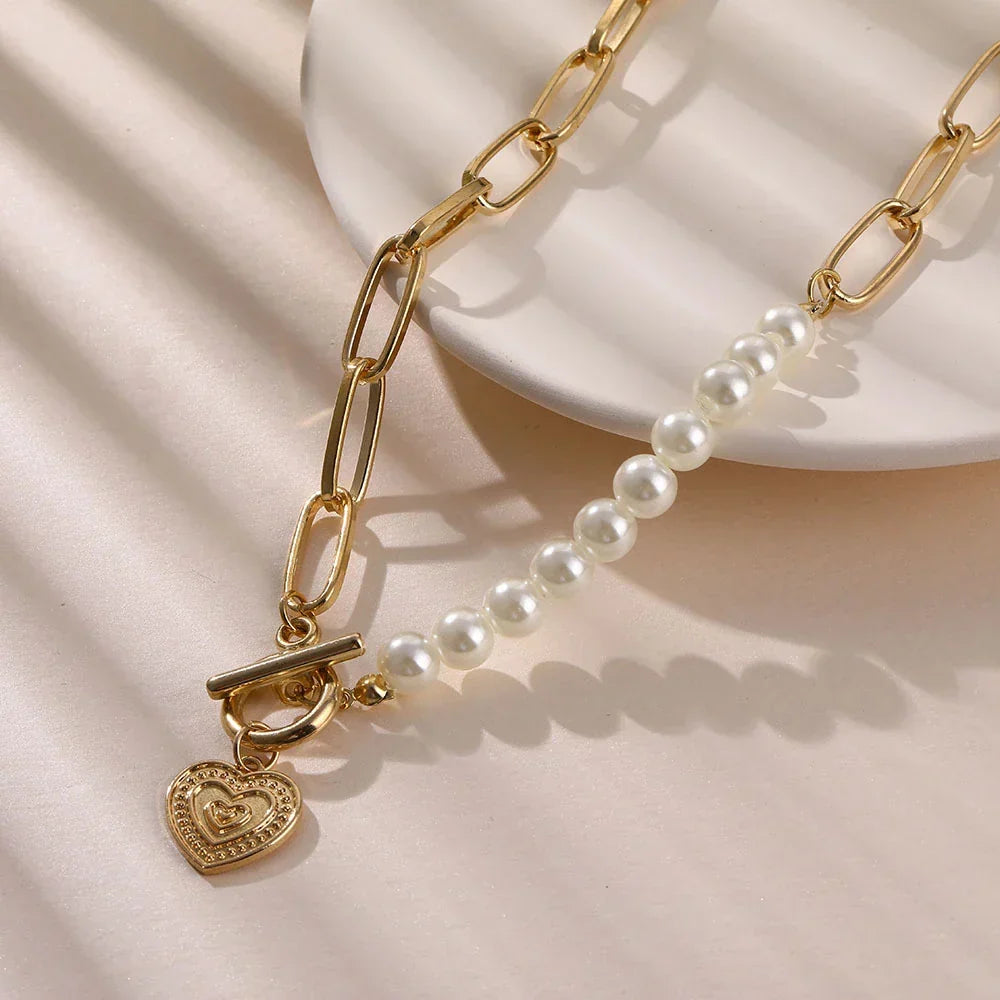 Gold Heart Necklace - Elegant Pearl Accent Pendant