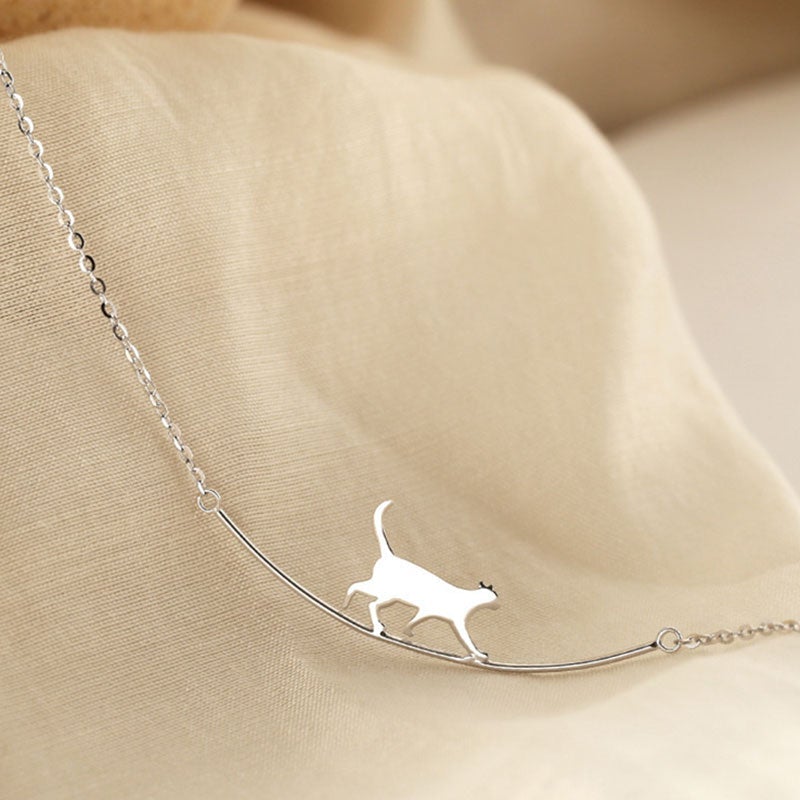 Felina - Elegant Silver Climbing Cat Necklace