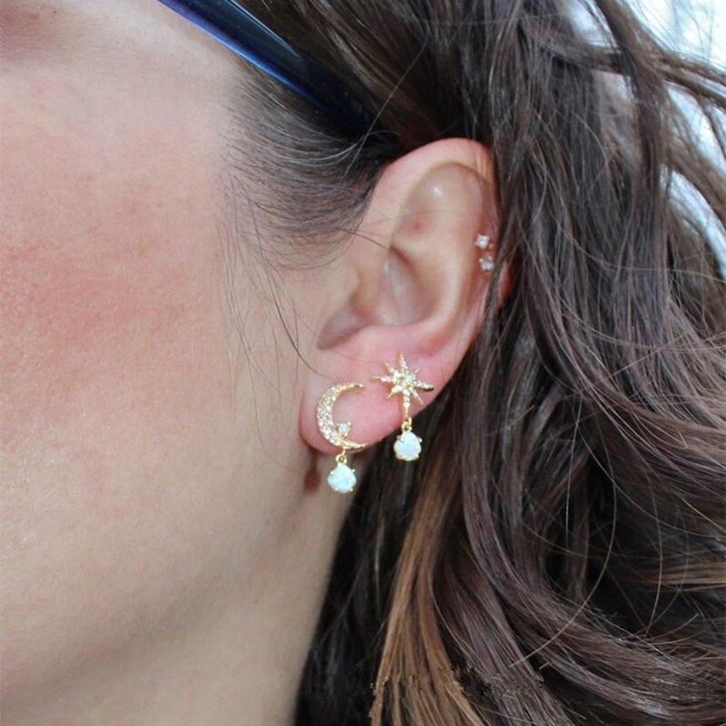Aurora Collection - Gold Moon and Star Opal Earrings