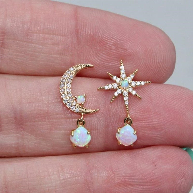 Aurora Collection - Gold Moon and Star Opal Earrings