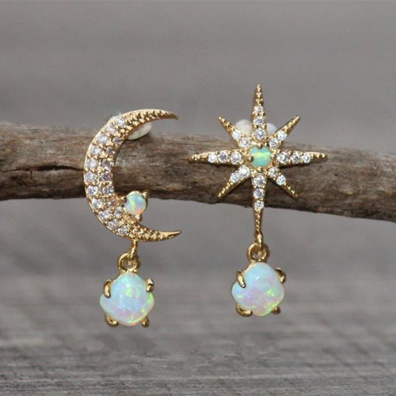 Aurora Collection - Gold Moon and Star Opal Earrings