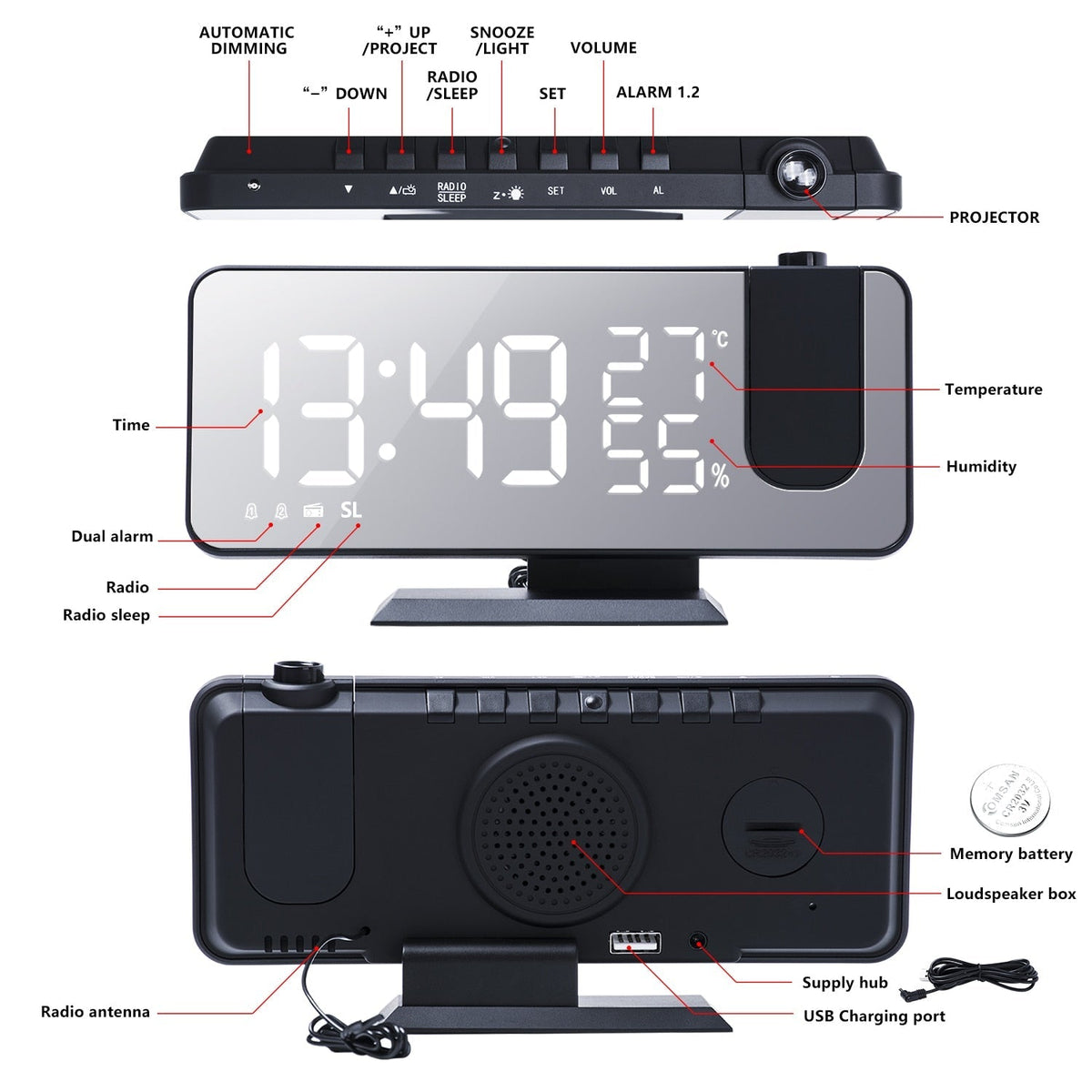Astronatic - Innovative LED Projection Alarm Clock with USB Charging