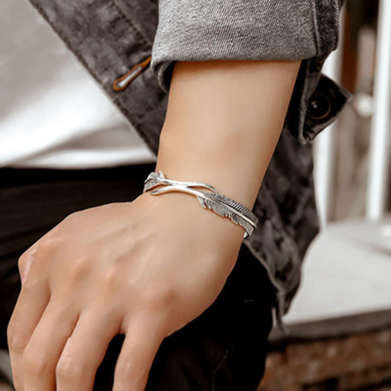 Duvane Adjustable Feather Bracelet - Sterling Silver Charm for Men and Women