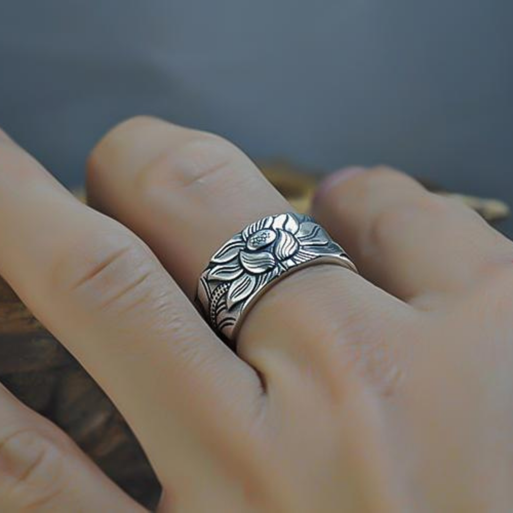 Gyantra - Elegant Silver Lotus Sutra Ring for Men and Women