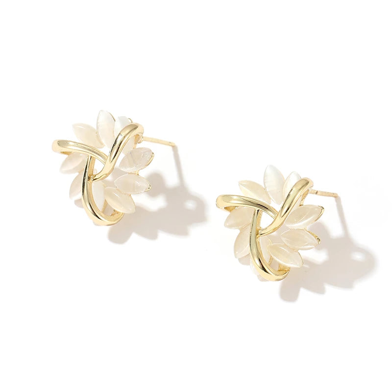 Delflora - Round Opal Flower Gold Stud Earrings