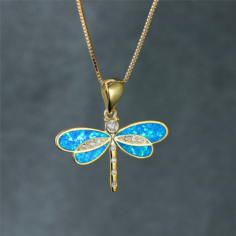Isolde Gold Dragonfly Necklace - Radiant Opal Statement Piece