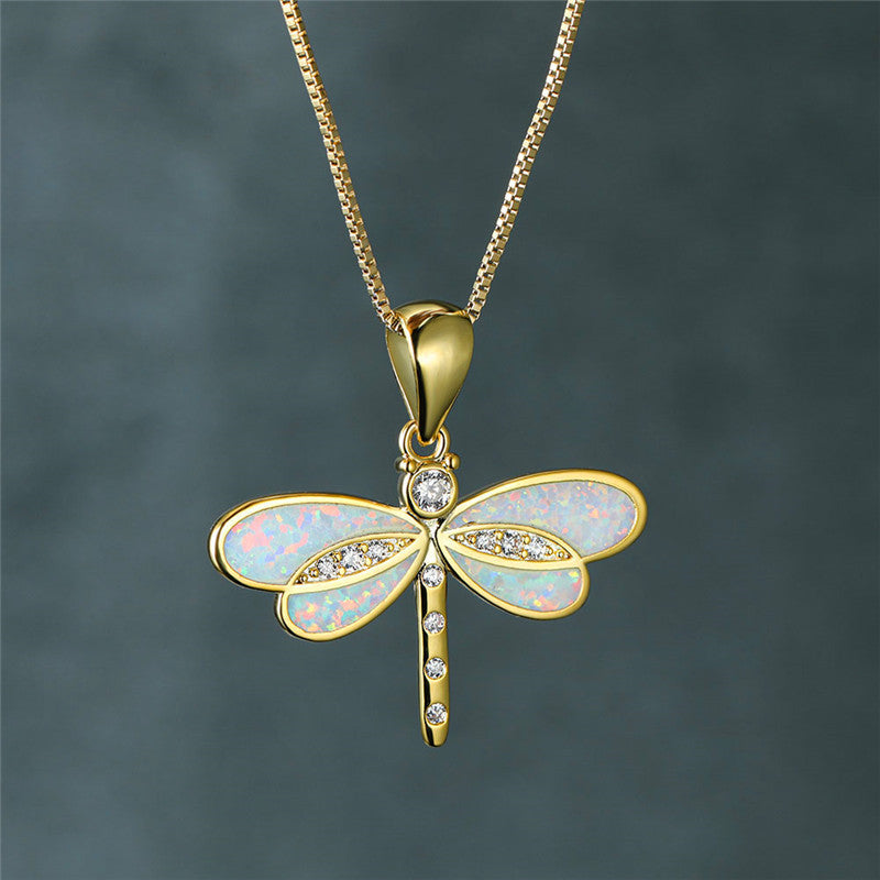 Isolde Gold Dragonfly Necklace - Radiant Opal Statement Piece