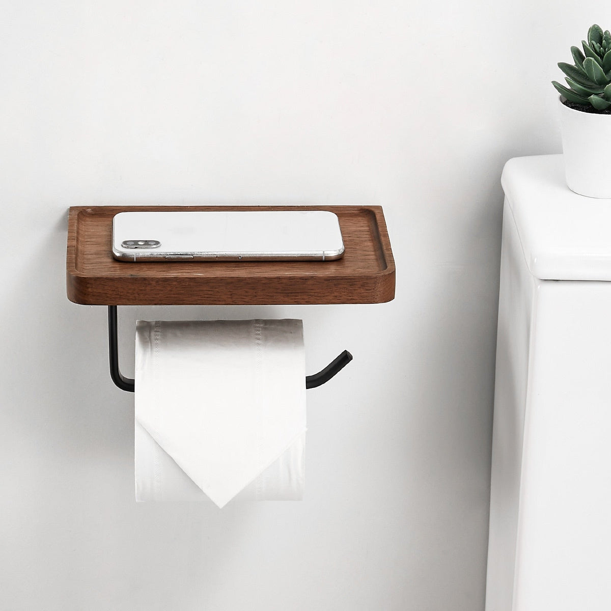 WoodEase Holder - Stylish Wooden Toilet Paper Holder with Phone Storage