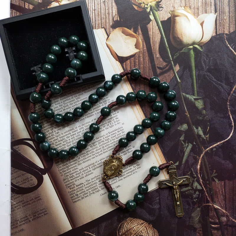 Chapelrose - Moss Agate Holy Medal Rosary Cross Necklace