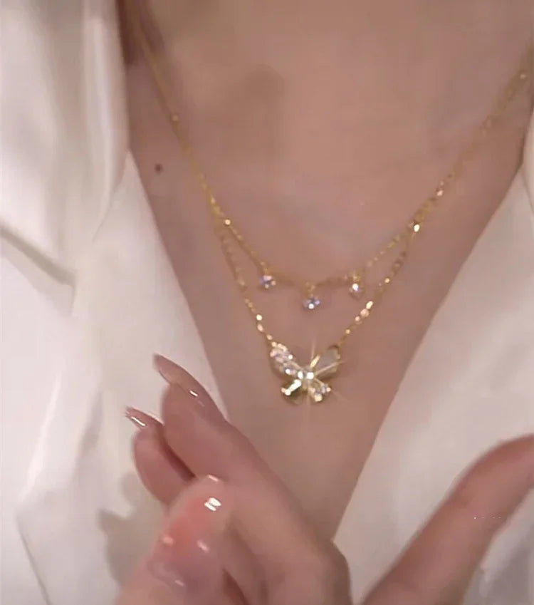 Elayna - Elegant Double-Layered Butterfly Necklace with Zirconia and Mother-of-Pearl