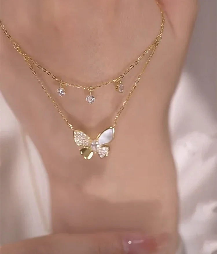 Elayna - Elegant Double-Layered Butterfly Necklace with Zirconia and Mother-of-Pearl