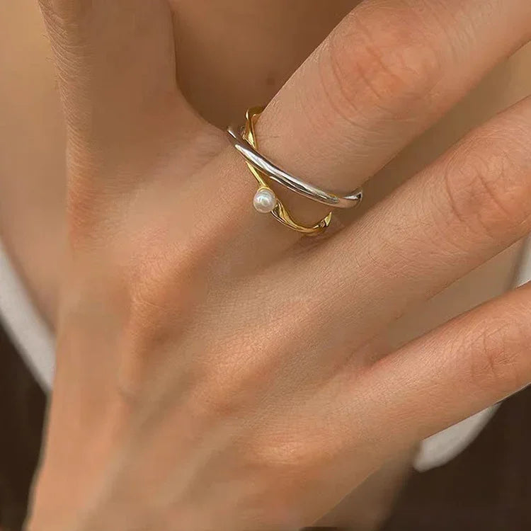 Curvessa - Sterling Silver Crossover Ring with Pearl Accent