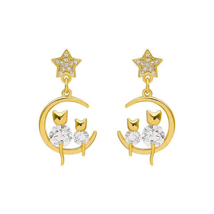 Feline Earrings - Gold Cat Earrings with Sparkling Zirconia