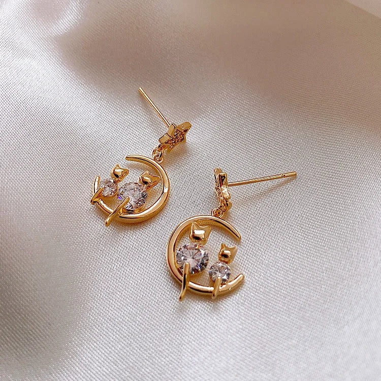 Feline Earrings - Gold Cat Earrings with Sparkling Zirconia