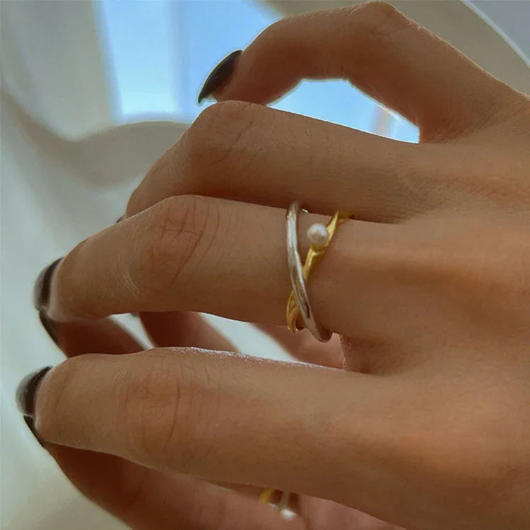 Curvessa - Sterling Silver Crossover Ring with Pearl Accent