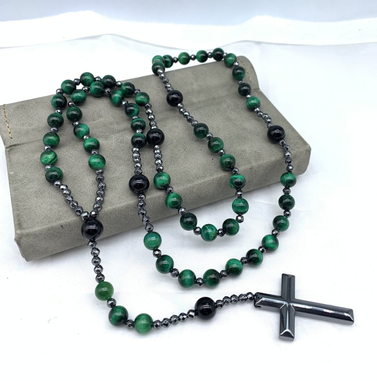 Corvaen - Tiger Eye and Lapis Lazuli Cross Rosary Necklace, Orion Collection
