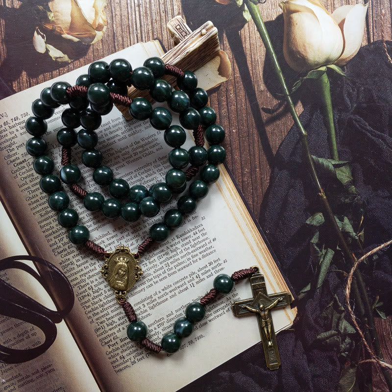 Chapelrose - Moss Agate Holy Medal Rosary Cross Necklace