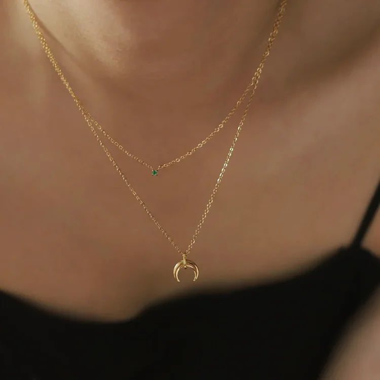 Selina Necklace - Green Diamond Double Crescent Moon Necklace