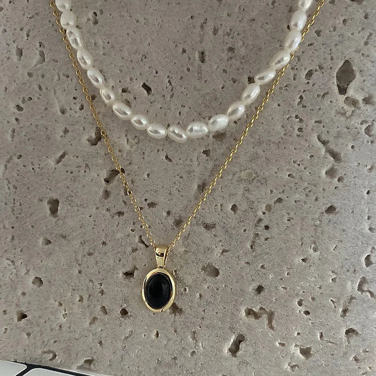 Ferelune - Black Onyx and Pearl Layered Necklace Set