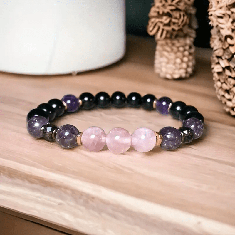 Adalore - 8mm Rose Quartz, Obsidian & Amethyst Beaded Bracelet