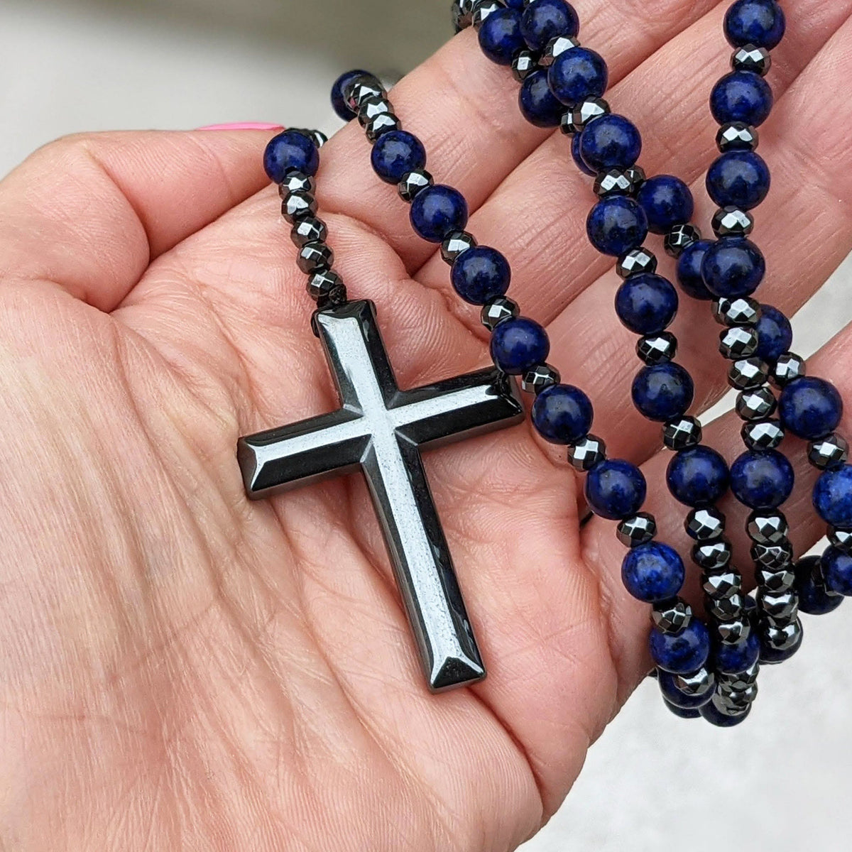Corvaen - Tiger Eye and Lapis Lazuli Cross Rosary Necklace, Orion Collection