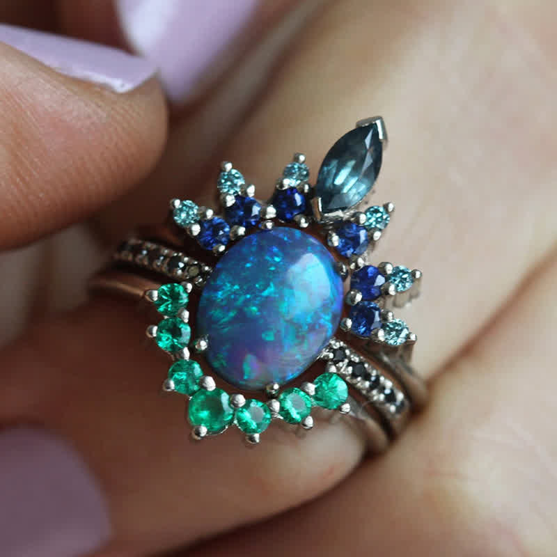 Isabella - Sapphire and Opal 3-Piece Ring Set