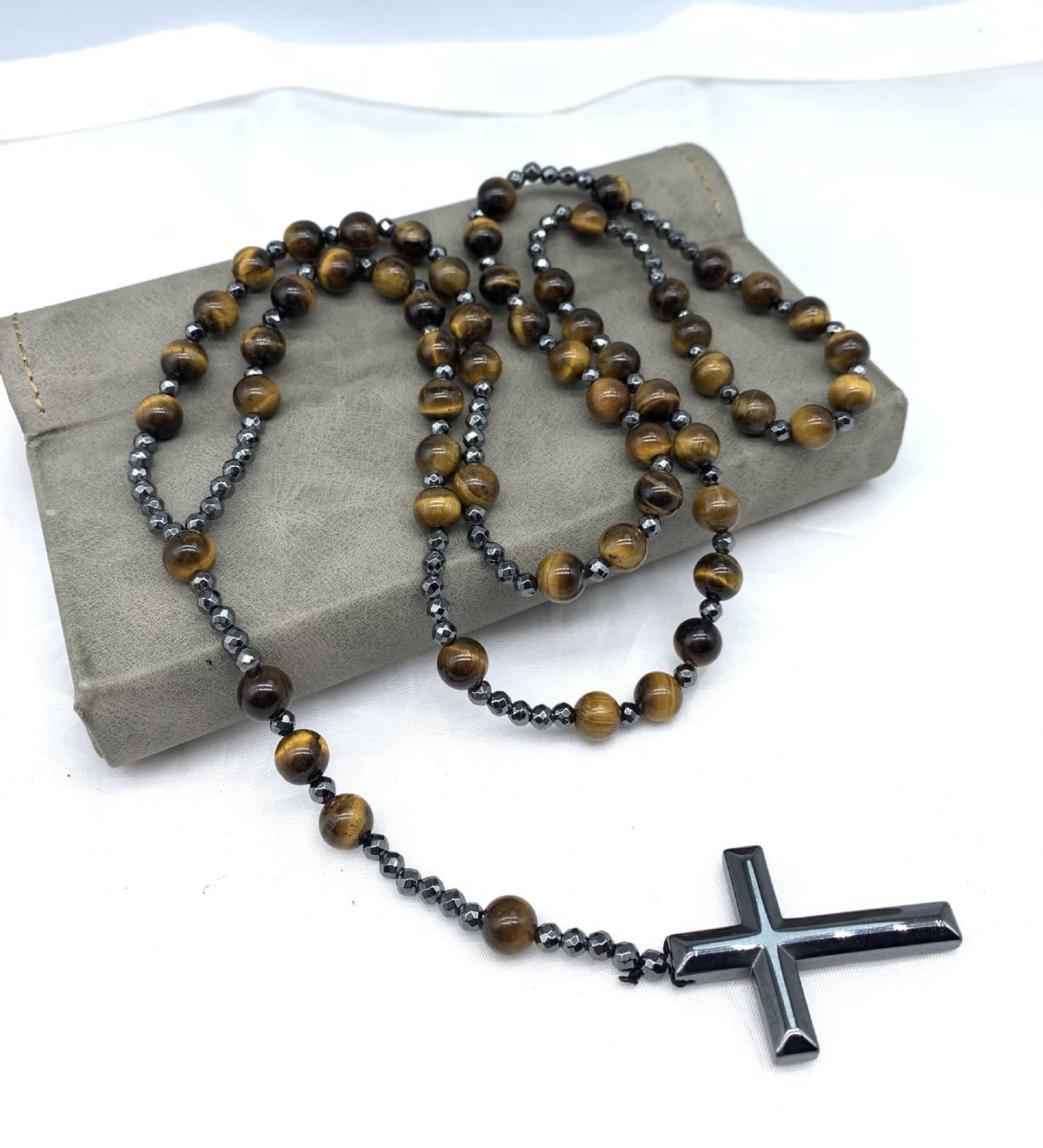 Corvaen - Tiger Eye and Lapis Lazuli Cross Rosary Necklace, Orion Collection