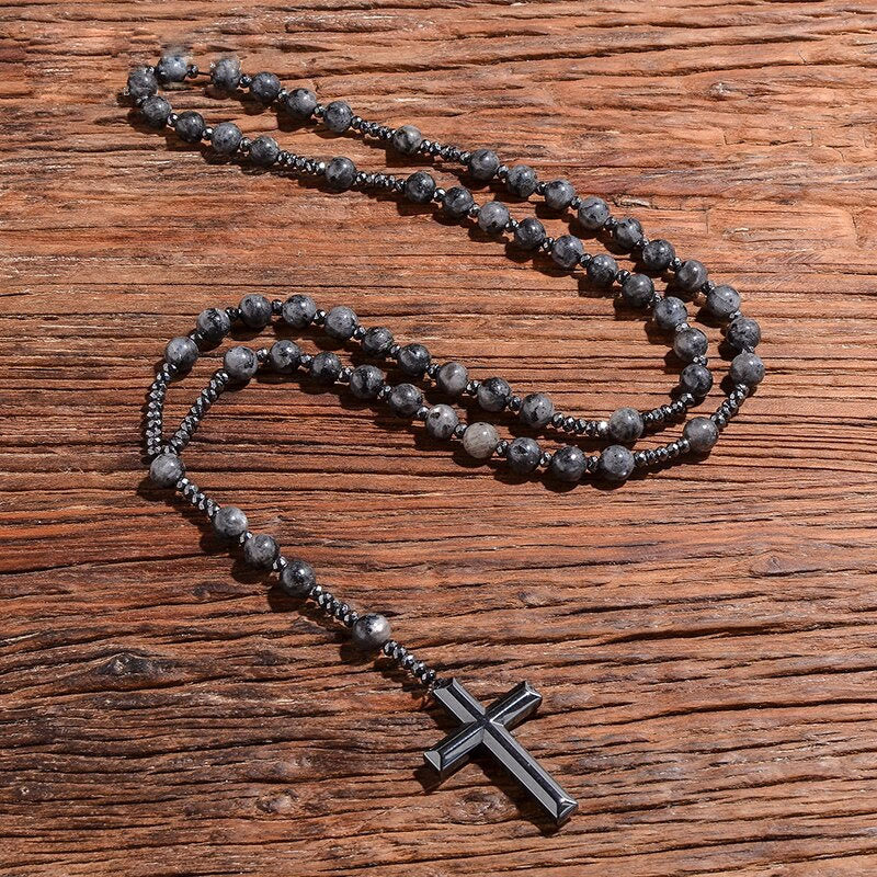 Corvaen - Tiger Eye and Lapis Lazuli Cross Rosary Necklace, Orion Collection