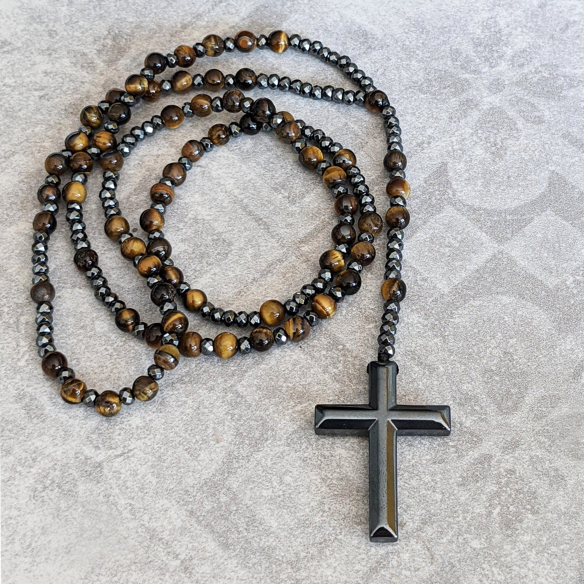 Corvaen - Tiger Eye and Lapis Lazuli Cross Rosary Necklace, Orion Collection