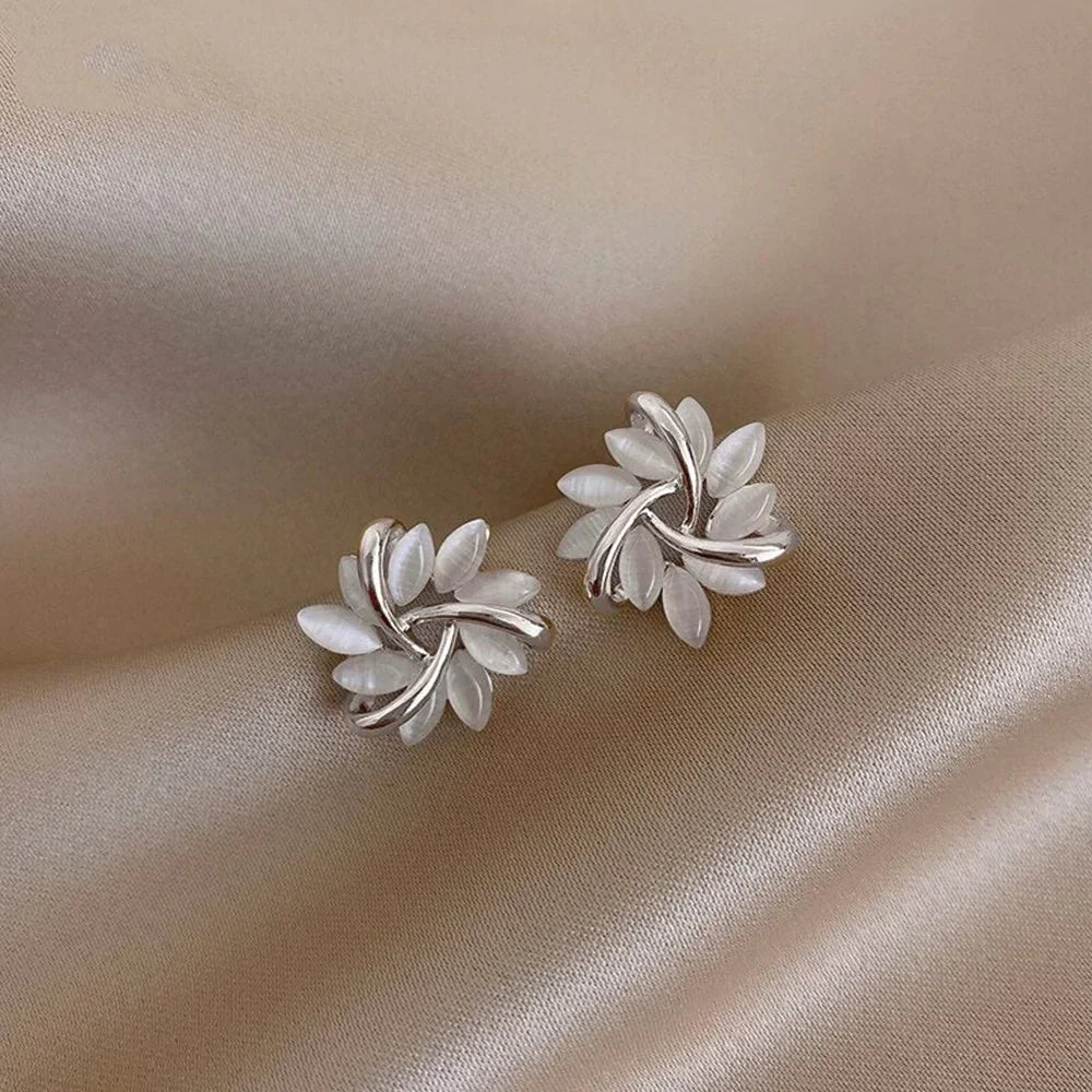 Delflora - Round Opal Flower Gold Stud Earrings