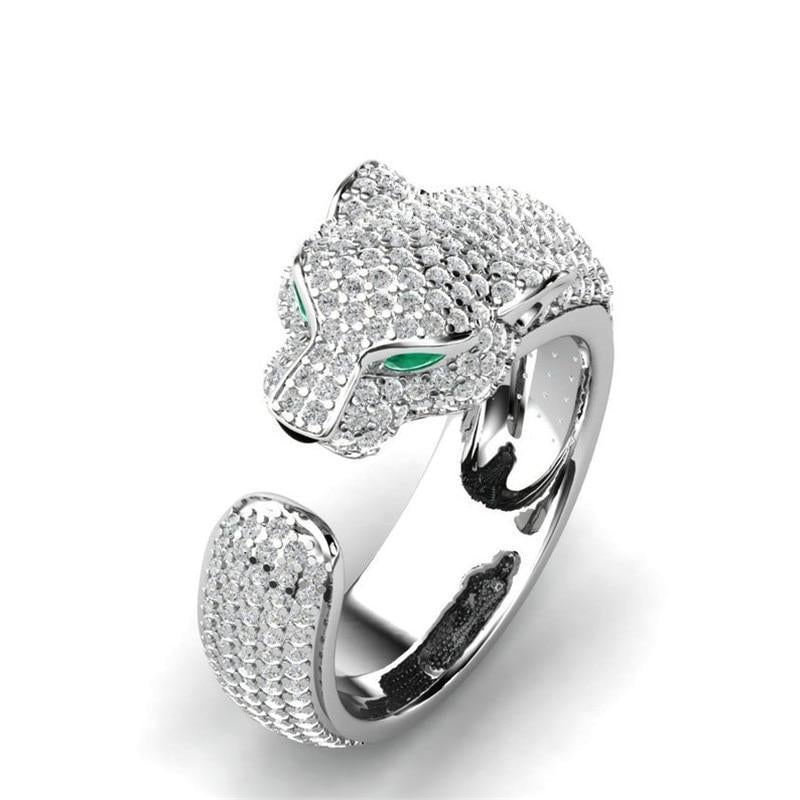 Jaguar Ring - Adjustable 18K Silver and Rose Gold Ring with Green Zirconia Eyes