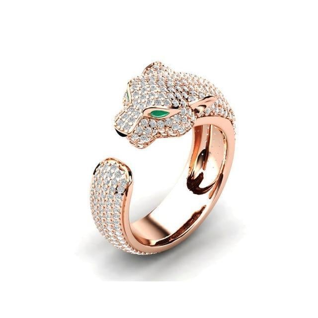 Jaguar Ring - Adjustable 18K Silver and Rose Gold Ring with Green Zirconia Eyes